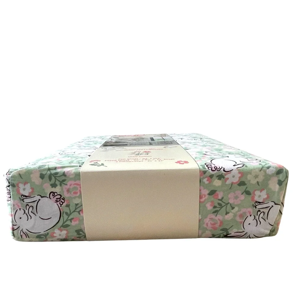 Cath Kidston london JUMPING BUNNIES GREEN Floral 4pc FULL Sheet Set NEW